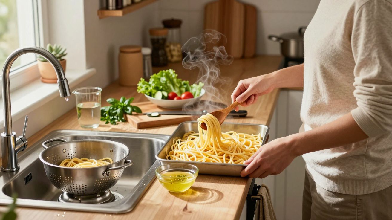 Person preparing pasta in a kitchen, with vegetables and olive oil on the counter. Steam rises from the pasta.