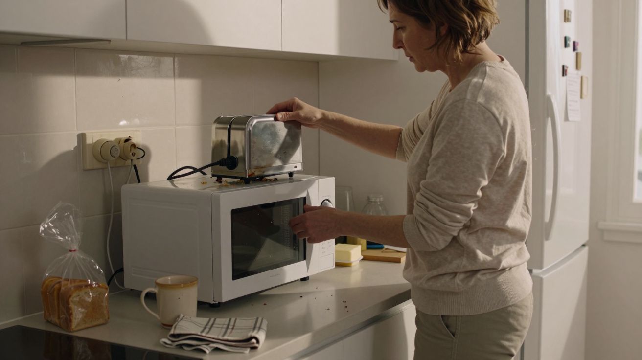 Woman placing toaster on microwave in kitchen, bread and cup nearby.