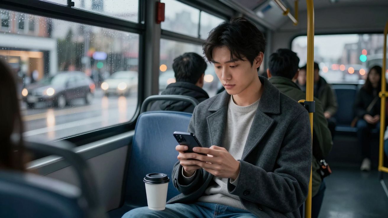 Man in grey coat using smartphone on a bus with a takeaway coffee cup, rainy street outside the window.
