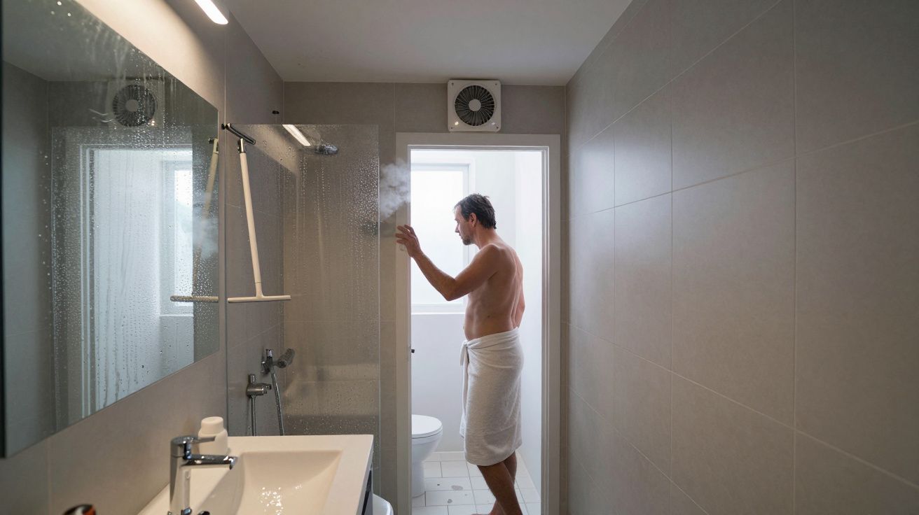 Man with towel stands in a modern bathroom, looking out a small window.