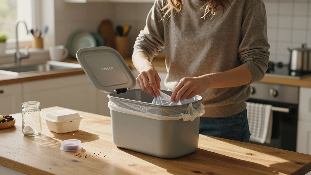 Person disposes of food scraps into kitchen compost bin on wooden countertop with jars and trays nearby.