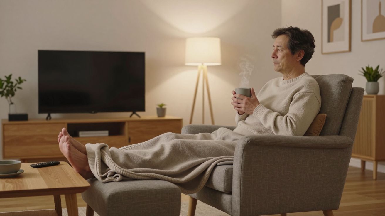 Man relaxing on a sofa with a blanket, holding a steaming mug, in a cosy living room with a lamp and television.
