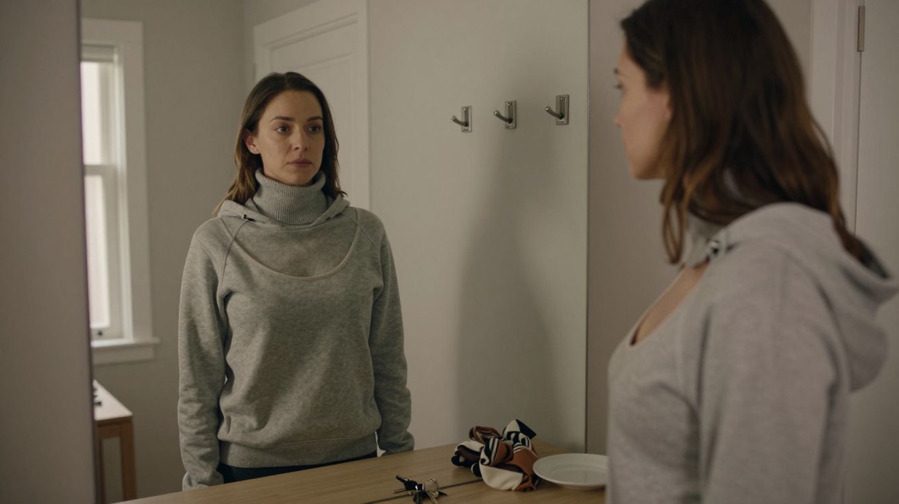 Woman in grey jumper looking at her reflection in a mirror, standing in a bright room with hooks on the wall.