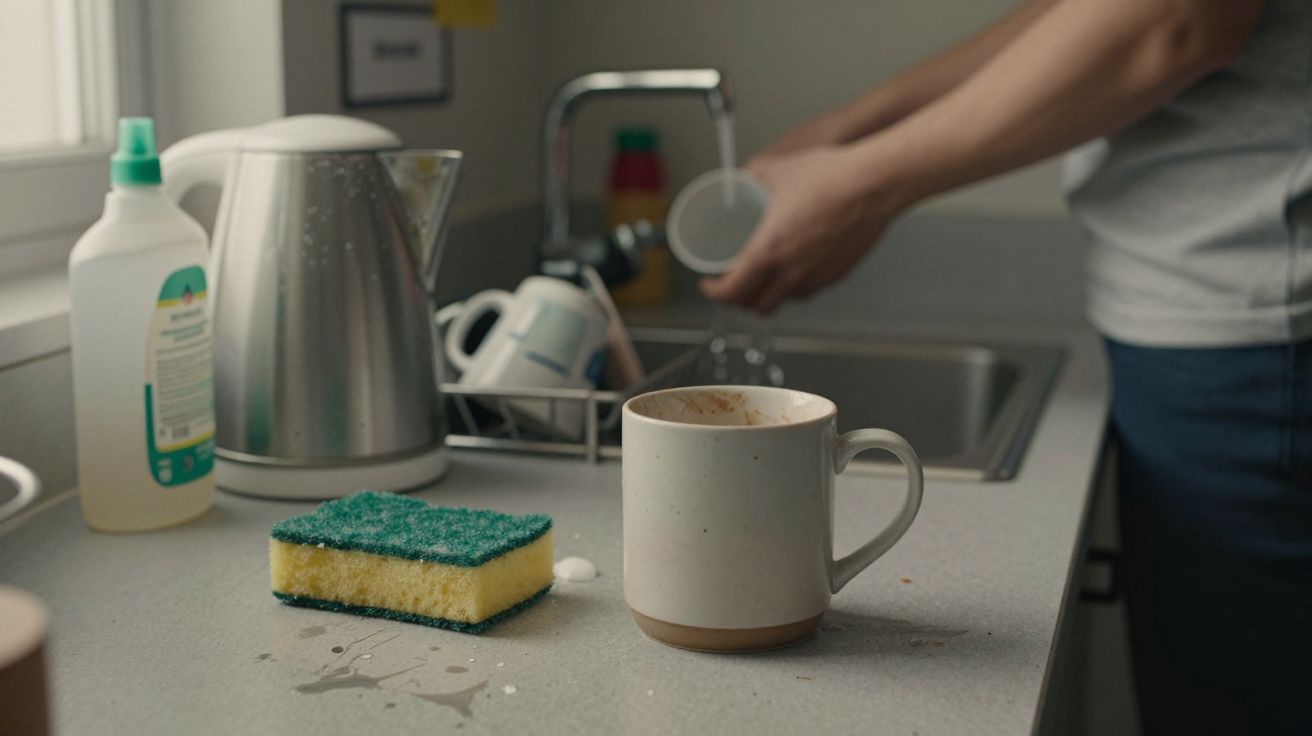 Person washing dishes at a kitchen sink, with a mug, sponge, and kettle on the countertop nearby.