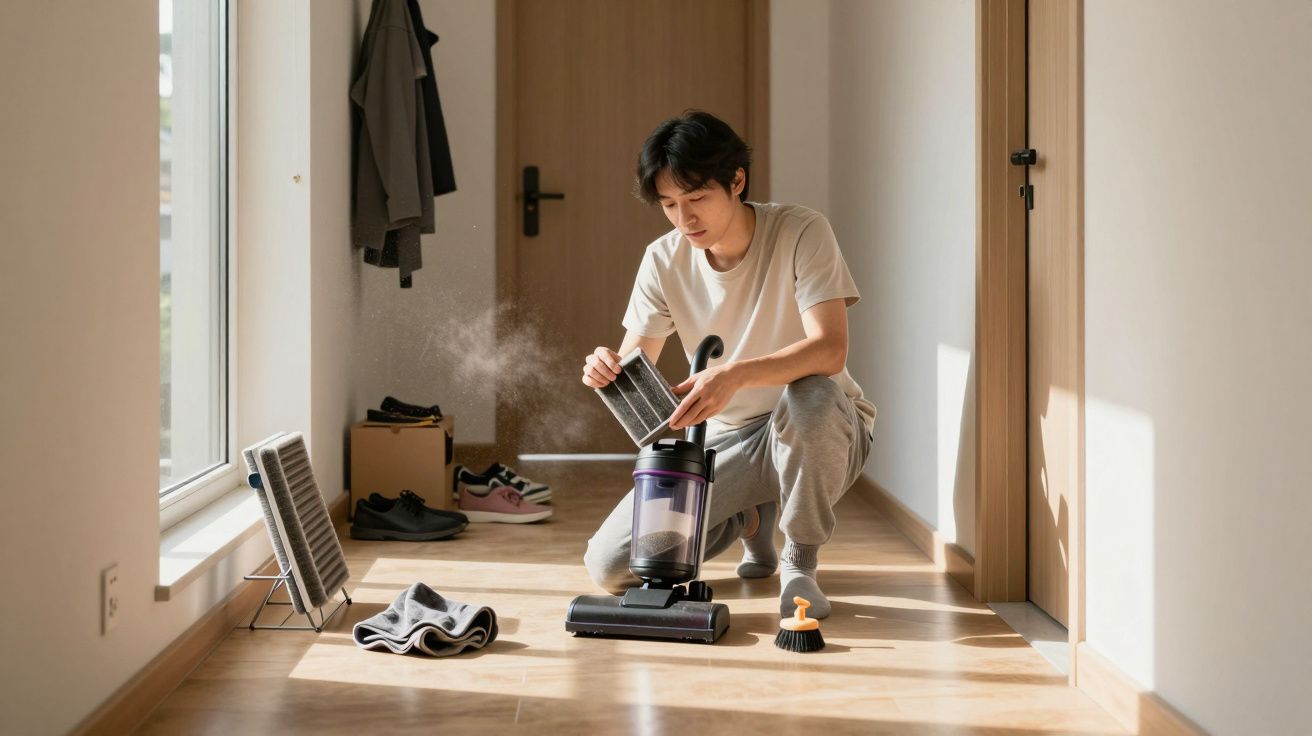 Person cleaning a vacuum filter in a bright hallway, surrounded by shoes and cleaning tools, sunlight streaming in.