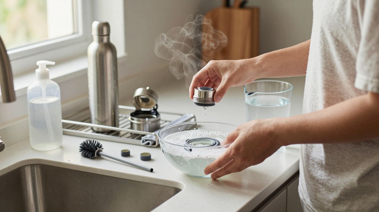 Person cleaning metal bottle parts in steaming water over a kitchen sink.