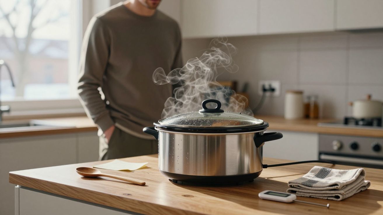 Man stands near a steaming slow cooker on a kitchen counter with a wooden spoon and folded towels nearby.