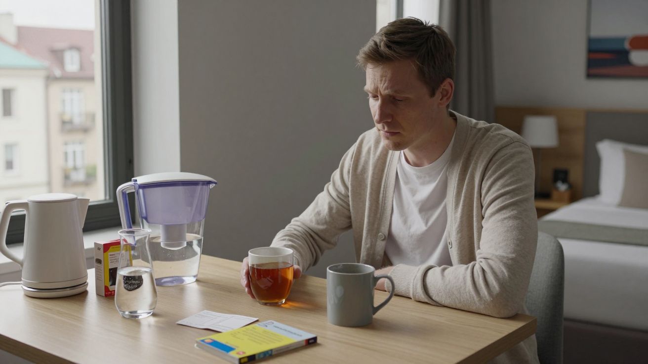 Man sitting at a table with hot drink, jug of water, kettle, and medicine, looking pensive in a well-lit room.