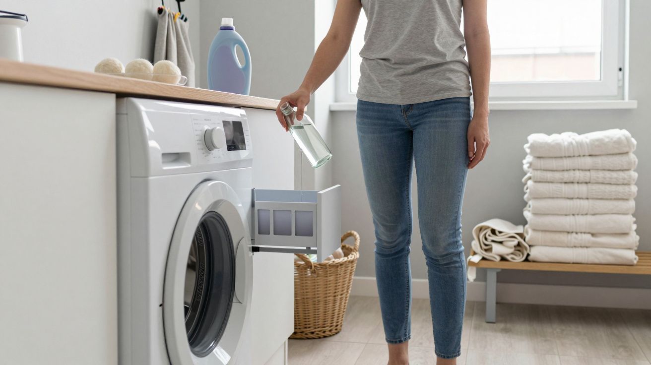 Person pouring liquid detergent into a washing machine drawer in a bright laundry room.