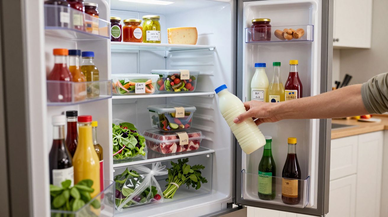 Open fridge with various drinks, vegetables, and dairy items inside. A person reaches for a bottle of milk.