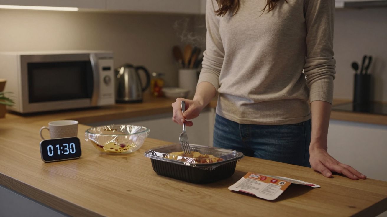 Woman prepares meal in a kitchen, holding a fork over a ready-to-eat container with a digital timer showing 01:30 nearby.